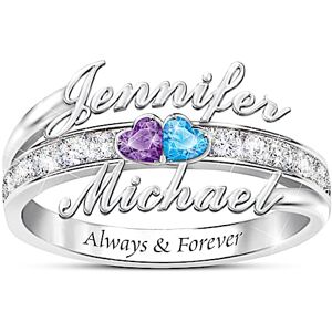 The Bradford Exchange Forever Us Women's Personalized Sterling Silver Ring Featuring 2 Heart-Shaped Crystal Birthstones & A Band Adorned With A Pave O The Bradford Exchange Forever Us Women's Personalized Sterling Silver Ring Featuring 2 Heart-Shaped Crystal Birthstones & A Band Adorned With A Pave O