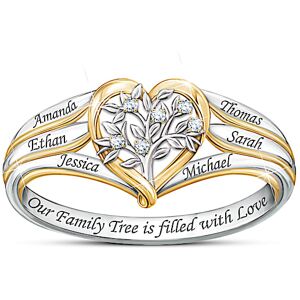 The Bradford Exchange Our Family Tree Women's Personalized Sterling Silver Ring Featuring A Heart-Shaped Design Adorned With 6 Diamonds & 18K Gold-Pla The Bradford Exchange Our Family Tree Women's Personalized Sterling Silver Ring Featuring A Heart-Shaped Design Adorned With 6 Diamonds & 18K Gold-Pla