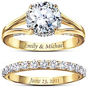 The Bradford Exchange Personalized 18K Gold-Plated Engagement Ring And Wedding Band Set Adorned With Simulated Diamonds - Personalized Jewelry The Bradford Exchange Personalized 18K Gold-Plated Engagement Ring And Wedding Band Set Adorned With Simulated Diamonds - Personalized Jewelry