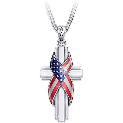 The Bradford Exchange God Bless America Patriotic Cross Diamond Pendant Necklace The Bradford Exchange God Bless America Patriotic Cross Diamond Pendant Necklace