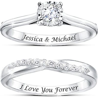The Bradford Exchange Everlasting Love Women's Personalized Platinum Plated Engagement & Wedding Band Bridal Ring Set Adorned With Over A Dozen Diamon The Bradford Exchange Everlasting Love Women's Personalized Platinum Plated Engagement & Wedding Band Bridal Ring Set Adorned With Over A Dozen Diamon
