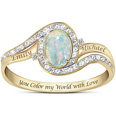 The Bradford Exchange 18K Gold-Plated Ring With An Opal Center Stone And 44 Diamond Accents Personalized With 2 Names - Personalized Jewelry The Bradford Exchange 18K Gold-Plated Ring With An Opal Center Stone And 44 Diamond Accents Personalized With 2 Names - Personalized Jewelry