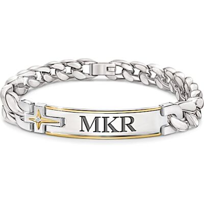 The Bradford Exchange Strength Of Faith For My Grandson Stainless Steel Curb Link Bracelet Featuring A Personalized ID-Style Plate & Adorned With 24K The Bradford Exchange Strength Of Faith For My Grandson Stainless Steel Curb Link Bracelet Featuring A Personalized ID-Style Plate & Adorned With 24K