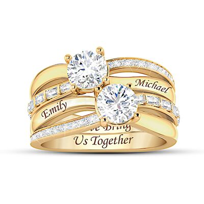 The Bradford Exchange Love Joins Us Together Romantic 18K Gold-Plated Ring Featuring A Hinged Stacking Design Adorned With Simulated White Diamonds & The Bradford Exchange Love Joins Us Together Romantic 18K Gold-Plated Ring Featuring A Hinged Stacking Design Adorned With Simulated White Diamonds &