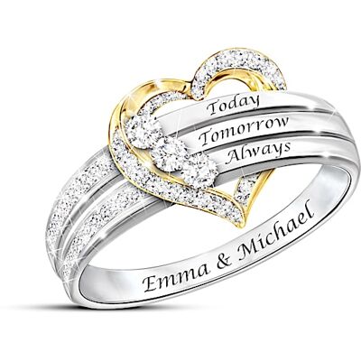 The Bradford Exchange Today, Tomorrow And Always Sterling Silver Heart-Shaped Ring With 18K Gold-Plated Accents Set With 3 White Topaz Stones And Pers The Bradford Exchange Today, Tomorrow And Always Sterling Silver Heart-Shaped Ring With 18K Gold-Plated Accents Set With 3 White Topaz Stones And Pers