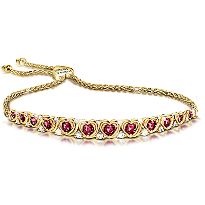 The Bradford Exchange A Dozen Rubies Of Love Personalized 18K Gold-Plated Bolo Bracelet Featuring 12 Lab Grown Rubies Set In Hearts And Adorned With 2 The Bradford Exchange A Dozen Rubies Of Love Personalized 18K Gold-Plated Bolo Bracelet Featuring 12 Lab Grown Rubies Set In Hearts And Adorned With 2