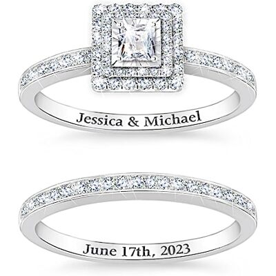 The Bradford Exchange Women's Personalized Platinum-Plated Engagement Ring And Wedding Band Ring Set Adorned With Diamonds - Personalized Jewelry The Bradford Exchange Women's Personalized Platinum-Plated Engagement Ring And Wedding Band Ring Set Adorned With Diamonds - Personalized Jewelry