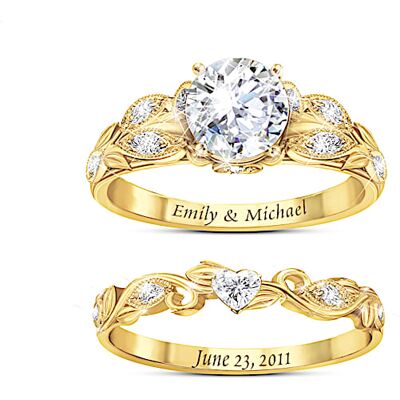 The Bradford Exchange Women's Personalized 18K Gold-Plated Floral Wedding Ring Set Adorned With Simulated Diamonds - Personalized Jewelry The Bradford Exchange Women's Personalized 18K Gold-Plated Floral Wedding Ring Set Adorned With Simulated Diamonds - Personalized Jewelry