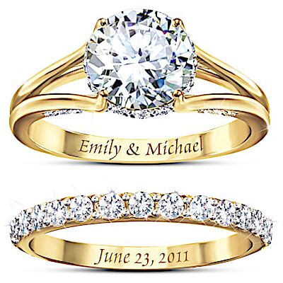 The Bradford Exchange Personalized 18K Gold-Plated Engagement Ring And Wedding Band Set Adorned With Simulated Diamonds - Personalized Jewelry The Bradford Exchange Personalized 18K Gold-Plated Engagement Ring And Wedding Band Set Adorned With Simulated Diamonds - Personalized Jewelry