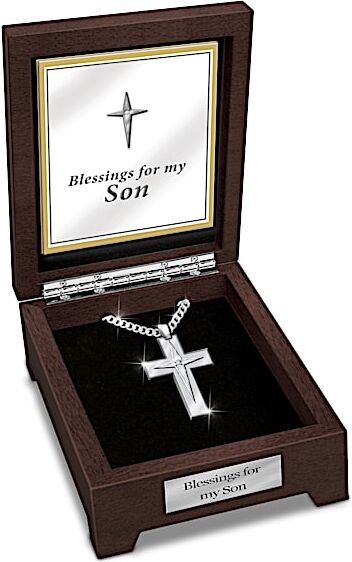 The Bradford Exchange Religious Stainless Steel Cross Necklace for Son with White Sapphire & Valet Box