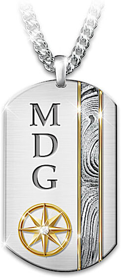 The Bradford Exchange Son, Forge Your Own Path Damascus Steel Dog Tag Pendant Necklace With 24K Gold Ion-Plated Accents Personalized With Your Son's I