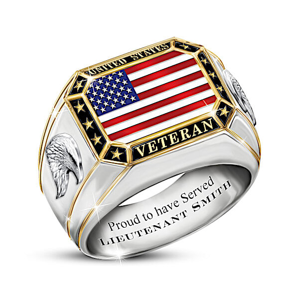 The Bradford Exchange United States Veteran Men's Personalized Sterling Silver Ring With 18K Gold-Plated Accents Featuring A Patriotic American Flag &