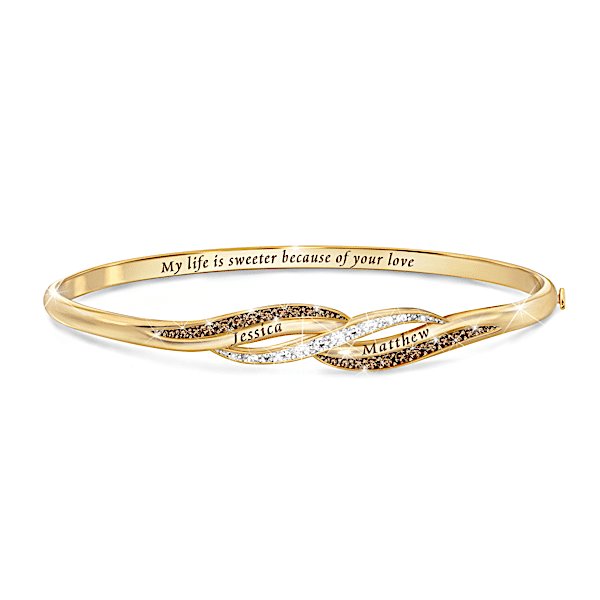 The Bradford Exchange Best Of Our Love 18K Gold-Plated Bracelet Featuring A Graceful Wave Design Adorned With 48 Mocha And White Diamonds And Personal