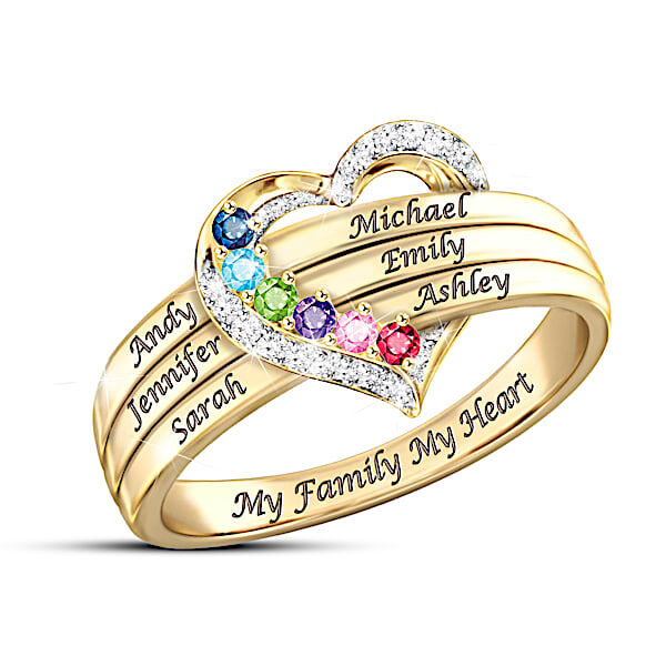 The Bradford Exchange My Family, My Heart Women's 18K Gold-Plated Heart-Shaped Ring Personalized With Up To 6 Names & 6 Crystal Birthstones - Personal