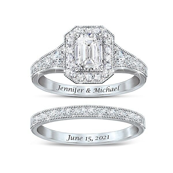 The Bradford Exchange Forever And Ever Platinum-Plated Art-Deco Bridal Ring Set Adorned With Simulated Diamonds And Each Ring Is Personalized With Up