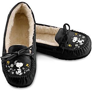The Bradford Exchange PEANUTS Women's Black Suede Moccasins With Snoopy Art The Bradford Exchange PEANUTS Women's Black Suede Moccasins With Snoopy Art