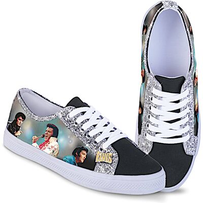 The Bradford Exchange Elvis Women's Canvas Sneakers With Elvis Imagery And Glitter The Bradford Exchange Elvis Women's Canvas Sneakers With Elvis Imagery And Glitter