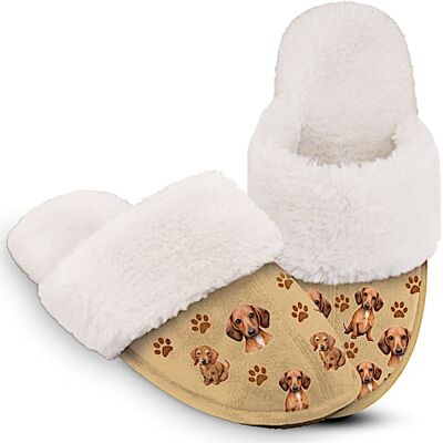 The Bradford Exchange Dachshund Faux Suede Women's Slippers With Faux Fur The Bradford Exchange Dachshund Faux Suede Women's Slippers With Faux Fur
