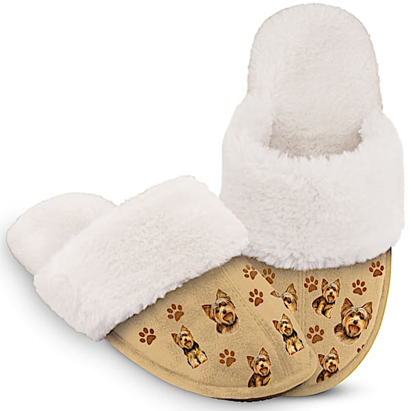 The Bradford Exchange Yorkie Faux Suede Women's Slippers With Faux Fur