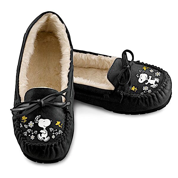 The Bradford Exchange PEANUTS Women's Black Suede Moccasins With Snoopy Art