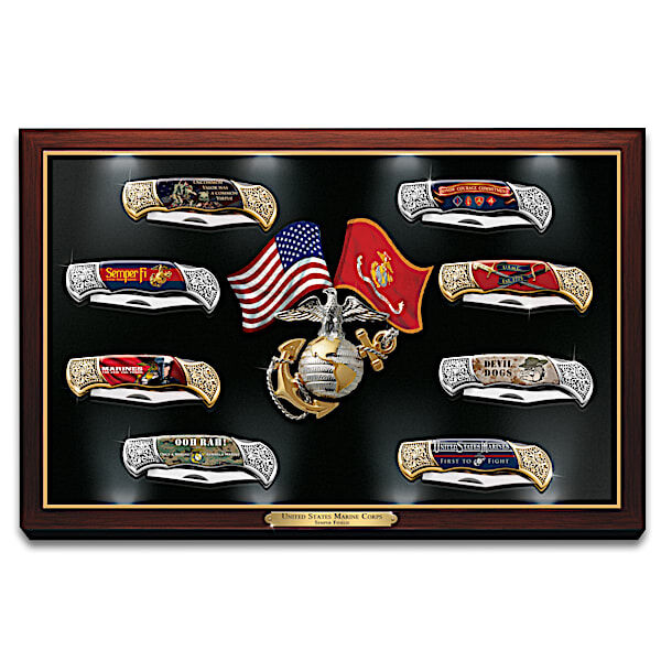 The Bradford Exchange USMC Stainless Steel Pocket Knife Collection with USMC Art and Display Lights Up