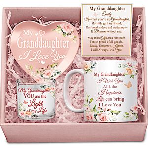 The Bradford Exchange Granddaughter, I Love You Pink Floral Personalized Gift Box Set Featuring A Porcelain Mug, Heart-Shaped Trinket Tray And Candleh The Bradford Exchange Granddaughter, I Love You Pink Floral Personalized Gift Box Set Featuring A Porcelain Mug, Heart-Shaped Trinket Tray And Candleh