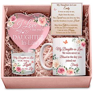The Bradford Exchange My Daughter-In-Law, I Love You Pink Personalized Gift Box Set With Mug, Trinket Tray And Soy Candle - Personalized Jewelry The Bradford Exchange My Daughter-In-Law, I Love You Pink Personalized Gift Box Set With Mug, Trinket Tray And Soy Candle - Personalized Jewelry