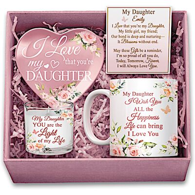 The Bradford Exchange Daughter, I Love You Pink Personalized Gift Box Set Featuring A Porcelain Mug, Heart-Shaped Trinket Tray & Glass Candleholder Wi The Bradford Exchange Daughter, I Love You Pink Personalized Gift Box Set Featuring A Porcelain Mug, Heart-Shaped Trinket Tray & Glass Candleholder Wi