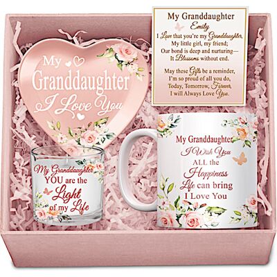 The Bradford Exchange Granddaughter, I Love You Pink Floral Personalized Gift Box Set Featuring A Porcelain Mug, Heart-Shaped Trinket Tray And Candleh The Bradford Exchange Granddaughter, I Love You Pink Floral Personalized Gift Box Set Featuring A Porcelain Mug, Heart-Shaped Trinket Tray And Candleh