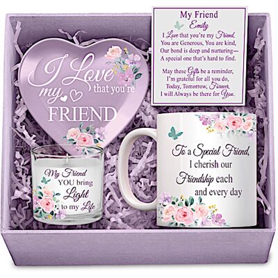 The Bradford Exchange My Friend, I Love You Purple Personalized Gift Box Set With Mug, Trinket Tray And Soy Candle - Personalized Jewelry The Bradford Exchange My Friend, I Love You Purple Personalized Gift Box Set With Mug, Trinket Tray And Soy Candle - Personalized Jewelry