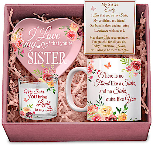 The Bradford Exchange My Sister, I Love You Pink Personalized Gift Box Set With Mug, Trinket Tray And Soy Candle - Personalized Jewelry