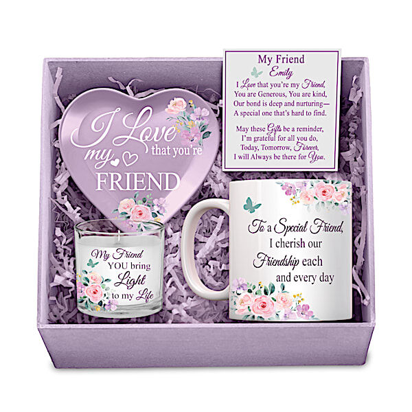 The Bradford Exchange My Friend, I Love You Purple Personalized Gift Box Set With Mug, Trinket Tray And Soy Candle - Personalized Jewelry
