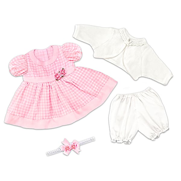 The Ashton-Drake Galleries Gingham Print Pink Party Dress Baby Doll Accessory Set