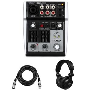 Behringer XENYX 302USB Premium 5-Input Mixer, w/Headphones and 15' XLR Mic Cable