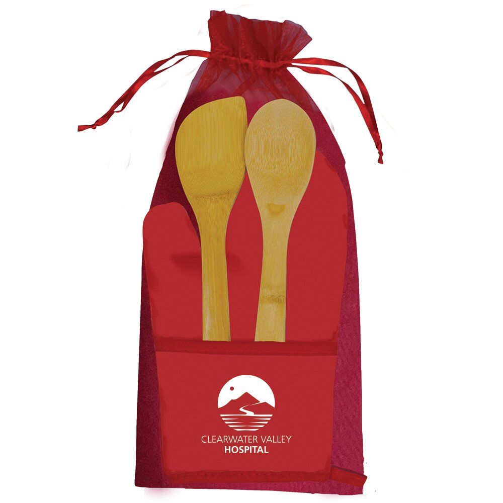Positive Promotions 50 Chef's Pocket Oven Mitt And Bamboo Utensils Combo - Personalization Available