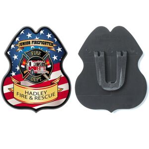 Positive Promotions 100 Patriotic Firetruck Clip-On Fire Badges - Personalization Available