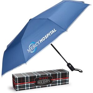 Positive Promotions 18 Navy 42" Auto-Open/Auto-Close Compact Umbrellas With Reflective Trim in Holiday Gift Box - Personalization Available