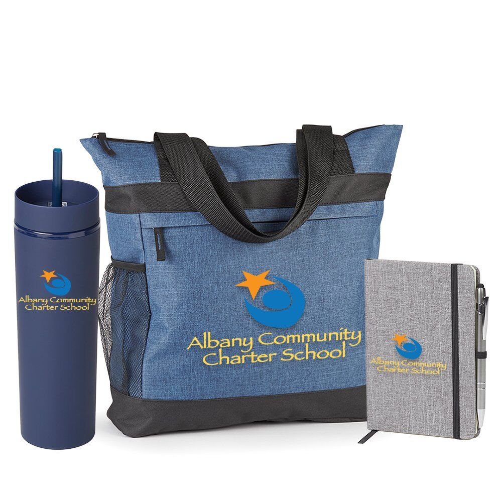 Positive Promotions 25 Blue Dylan Tote, Blue Canyon Tumbler, Gray Heathered Journal Gift Sets - Personalization Available