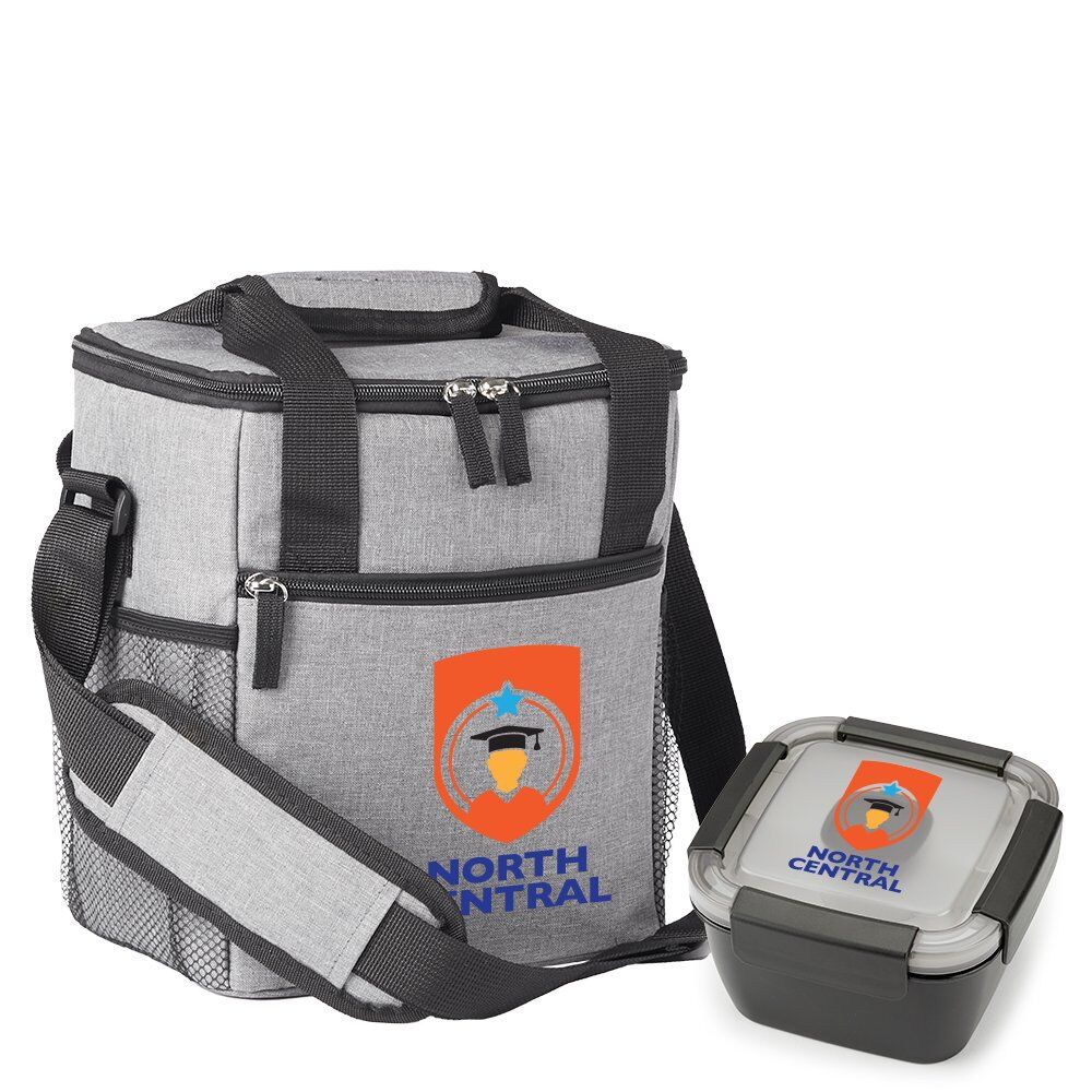 Positive Promotions 20 Gray Riverside Lunch/Cooler Bag & Black Locking Food Container Gift Sets - Personalization Available