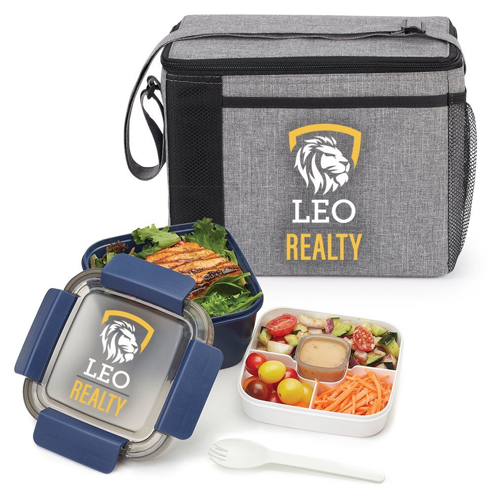 Positive Promotions 25 Gray Grayson Lunch Bag & Locking Food Container Gift Sets - Personalization Available