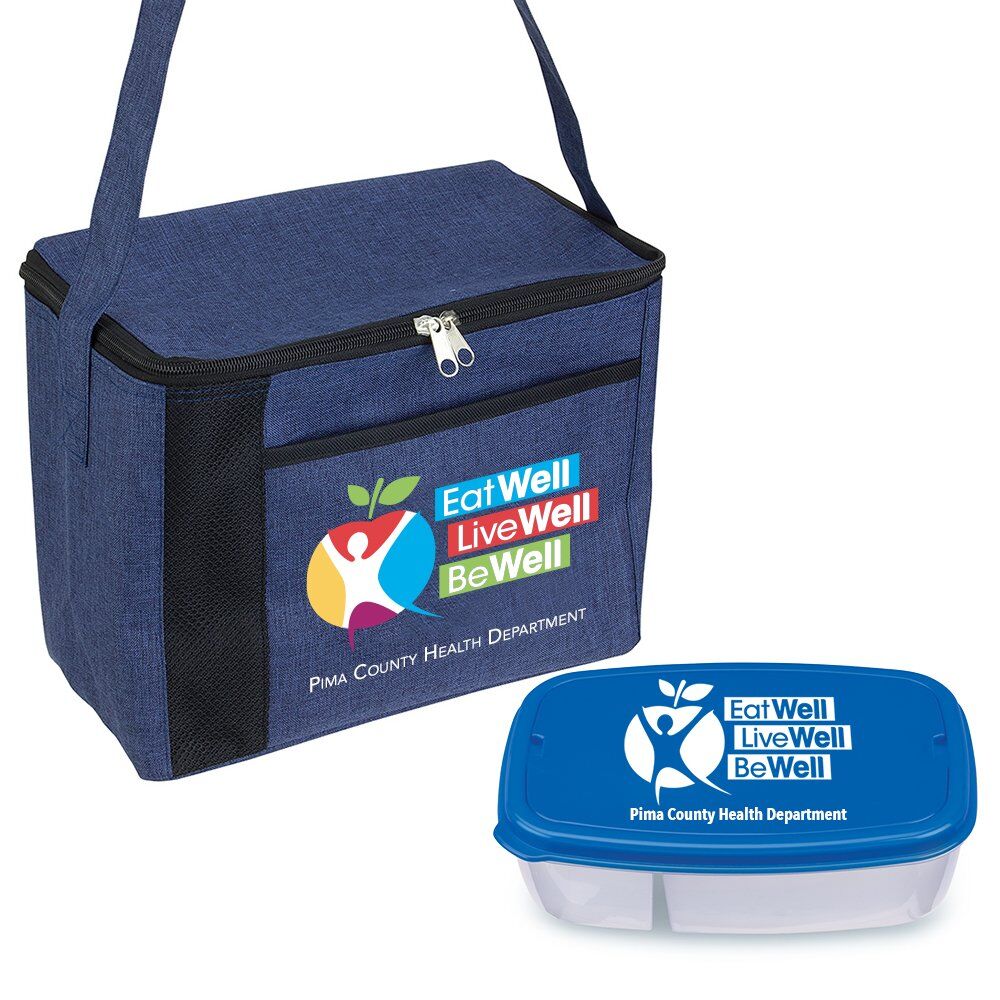 Positive Promotions 35 Eat Well, Live Well, Be Well Lunch/Cooler Bag & 2-Section Food Container Gift Sets - Personalization Available