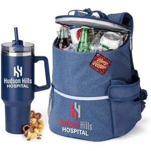 Positive Promotions 12 Navy Hydro Backpack Coolers With Tumbler Pocket & Biggie Stainless-Steel Tumbler 40 oz. Gift Set With Holiday Gift Tag - Laser-Engraved Personalization Available