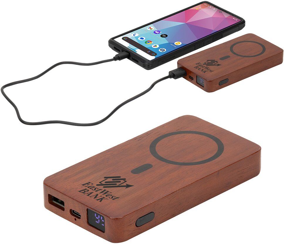 Positive Promotions 8 Mahogany Wood Magnetic Wireless Fast Charge Power Bank 15W 5,000 mAh - Personalization Available