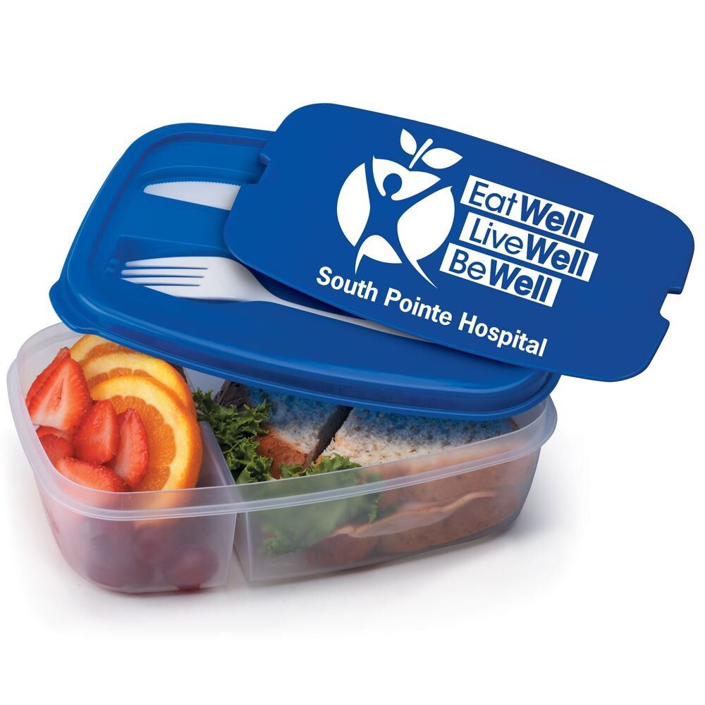 Positive Promotions 100 Eat Well, Live Well, Be Well 2-Section Food Containers With Utensils - Personalization Available