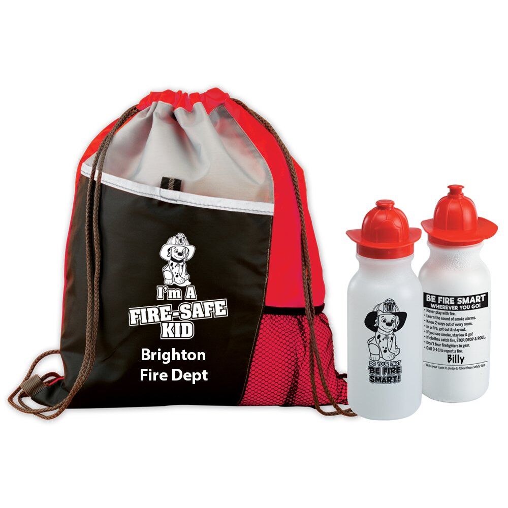 Positive Promotions 50 I'm A Fire-Safe Kid Deluxe Drawstring Packs With Do Your Part: Be Fire Smart! Water Bottle Combo - Personalization Available
