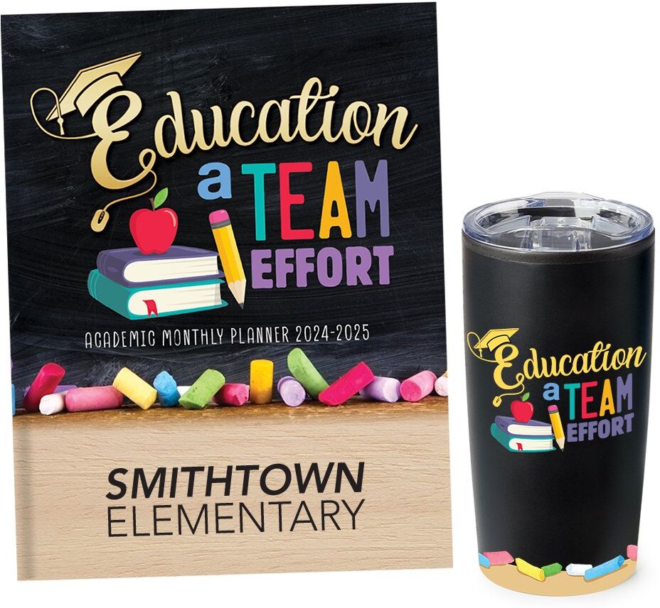 Positive Promotions 25 Education: A Team Effort Planner & Full-Color Teton Stainless-Steel Tumbler Gift Sets - Planner Personalization Available