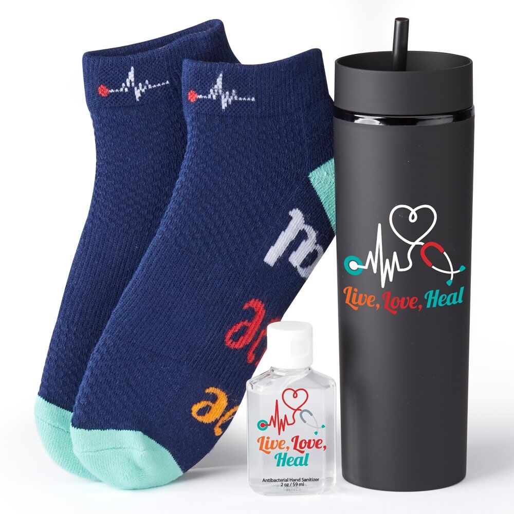 Positive Promotions 5 Live, Love, Heal Canyon 2-in-1 Tumbler, Cushioned Ankle Socks, & Hand Sanitizer Gift Sets