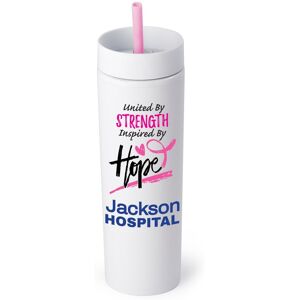 Positive Promotions 40 White Canyon 2-in-1 Tumbler & Sipper 16 oz. With Pink Straw - Personalization Available