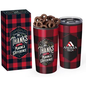Positive Promotions 30 Making a Difference ColorBlast 360° Teton Stainless-Steel Tumbler 20 oz. With Chocolate-Covered Pretzels in Holiday Gift Boxes - Personalization Available