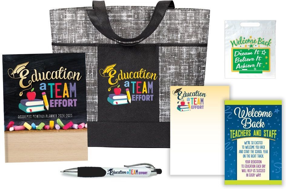 Positive Promotions 5 Education: A Team Effort Planner, Malibu Tote, Notepad, Pen, Card & Goody Bag Value Supply Kits